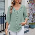 thumbnail image 4 of SWSMCLT Women's V Neck Top Ruffle Blouse Fall Fashion Chiffon Blouse Top Summer Casual 3/4 Sleeve Green Small, 4 of 5
