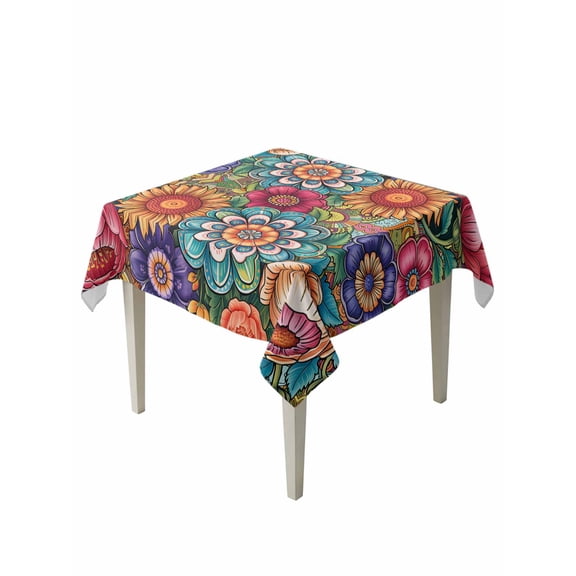 Boho Teal Flower Table Cloth, Waterproof Tablecloth for Square Tables, Spring Bohemia Chic Red Yellow Floral Reusable Washable Fabric Table Cover for Restaurant Kitchen Dining Tables 54"x54"