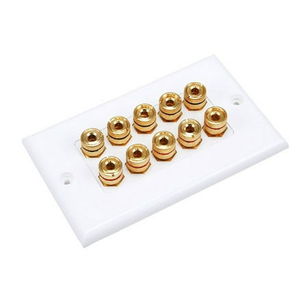 Monoprice High Quality Banana Binding Post Two-Piece Inset Wall Plate – White – Coupler Type For 5 Speakers