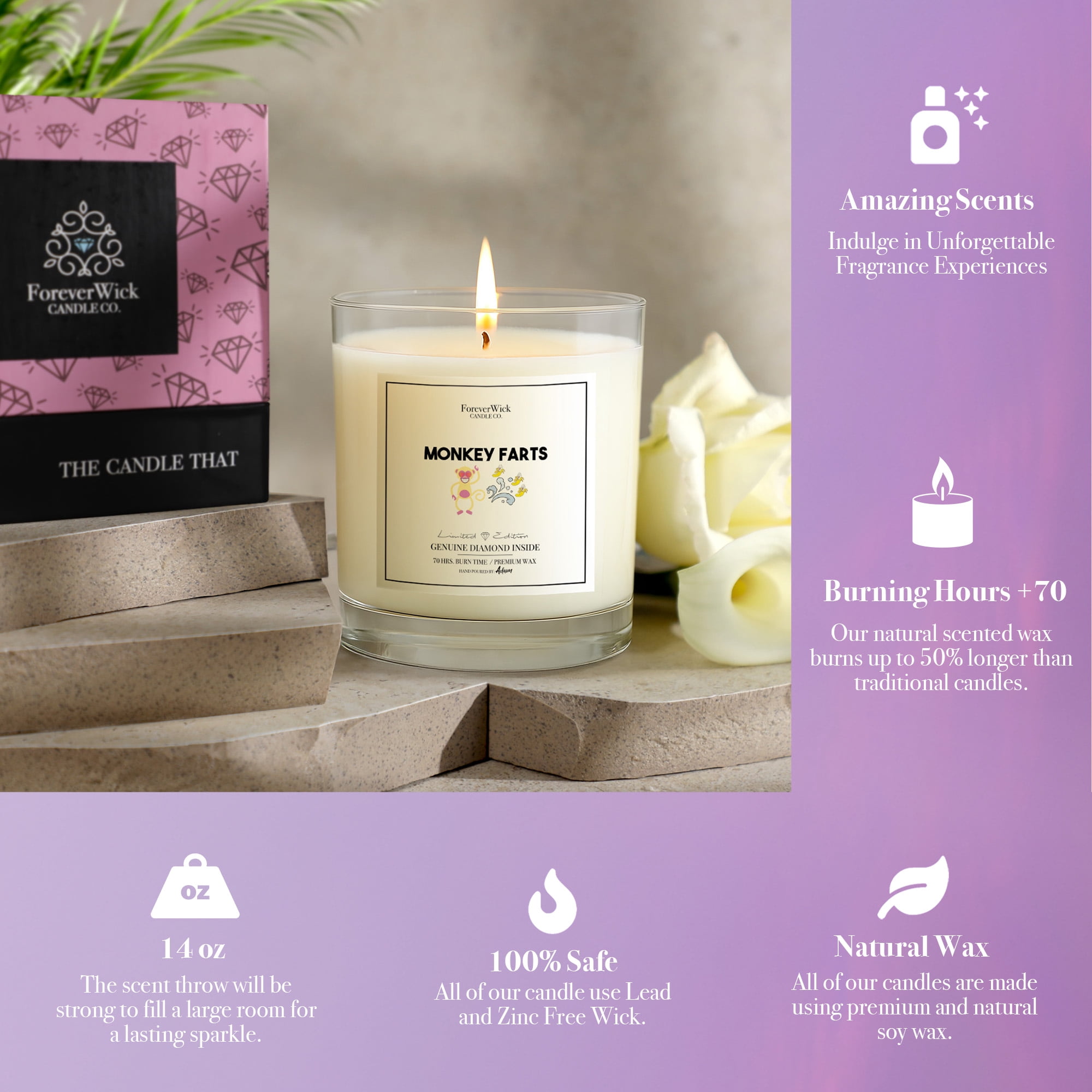 ForeverWick Diamond Candle 14oz Monkey Farts Soy Wax Candle With Diamond Inside - Funny, Humor, Kids, Funny Candle, Birthday Candle, Fruity Candle, Diamond