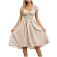 thumbnail image 2 of Dolkfu Short Sleeve Women'S Summer&Fall Dresses Ditsy Floral V-Neck Mid-Length Yellow Fit & Flare Dresses Geometric Garden Vacation Dresses Khaki,Xl, 2 of 6