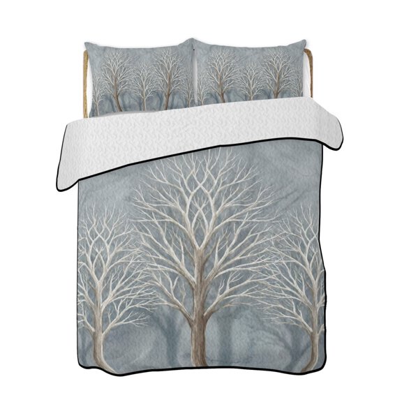 Quilt King Size Bedding Set, Forest Woodland Reversible Summer Quilt 3 Pieces, Steel Blue Trees Shadows Lightweight Bedspreads Coverlets with 2 Pillow Shams for All Seasons