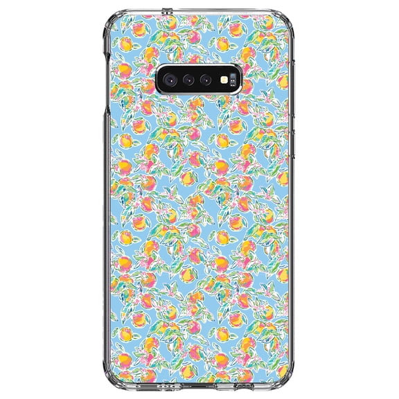 DistinctInk Clear Shockproof Hybrid Case for Samsung Galaxy S10e (5.8" Screen) - TPU Bumper, Acrylic Back, Tempered Glass Screen Protector - Preppy Pattern - Orange & Blue Flowers Floral