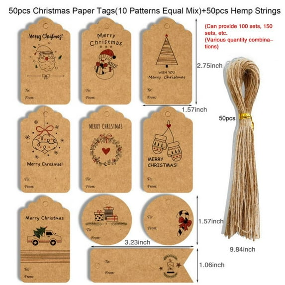 50 Pack Kraft Paper Christmas Gift Tags, Xmas Kraft Gift Tags with String for DIY Xmas Holiday Present Wrap Stamp and Label Package Name Card