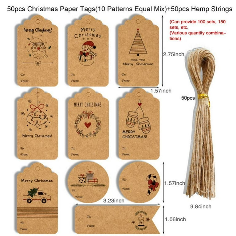 Christmas Gift Tags 50 Count with String for DIY Xmas Present Wrap and Label Package Name Card