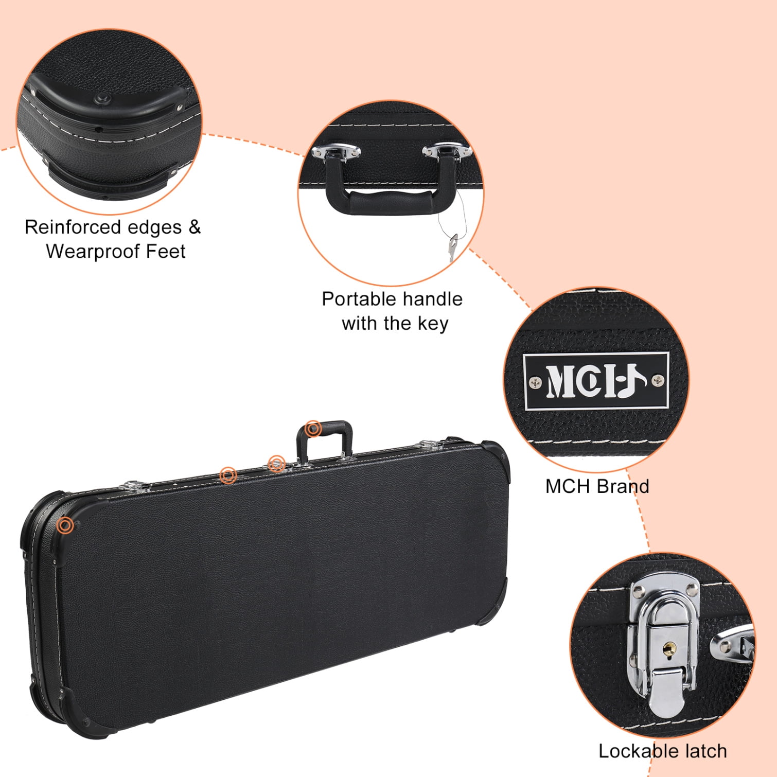 Electric Guitar Square Hard Case with Storage Compartment, Guitar Shell Case with Lock, Portable Square Hardshell with Protective Sleeve for ST, TL, Burning Fire 170 Style, Black