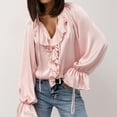 thumbnail image 4 of V Neck Blouses for Women Flowy Ruffle Tie Long Sleeve Fall Shirts Party Ladies Elegant Dressy Evening Casual Tops Pink L, 4 of 7