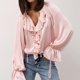 thumbnail image 5 of Sudadera corta,Blusa con volantes y lazo para mujer, cuello en V y mangas acampanadas, tejido suave y transpirable, camisa informal de manga larga para uso diario y en casa, sopatenor, 5 of 9