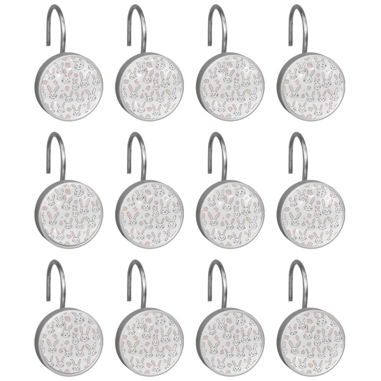 HemaKayy 12 Pcs Shower Curtain Hooks Bathroom Decorative Accessories Simple Drawing White Rabbit