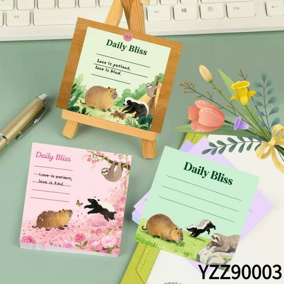 Capybara, Sloth & Badger Illustrations Note Cards (3.54×3.54 Inches),100-Pack with105 Various Emoticon Stickers,Adorable Wildlife Sticky Notes for Office&Planning,Cute Notes for Letters&Plans