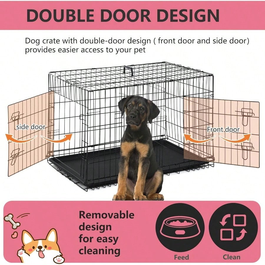 Extra Large Folding Metal Wire Dog Crate with Double Door, Removable Tray and Divider Panel, 48 Inch, Dark Black