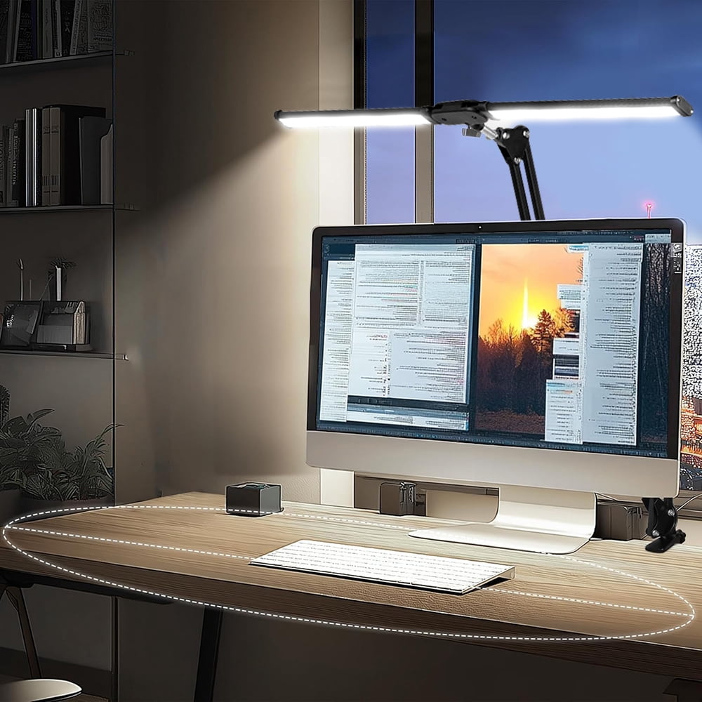 LED Desk Lamp for Home Office, Tall Double Head Desk Lamp with Clamp, Architect Desk Light, Foldable Computer Desk Light for Reading Study Work Gaming