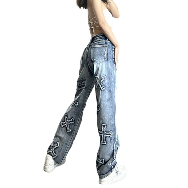 Girls Star Printed Denim Pants Drawstring Straight Wide Leg Jeans Loose  Trousers 