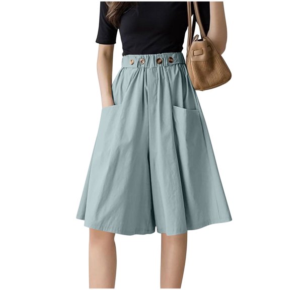 Cmfcve Women's Plus Size Shorts High Waist Elastic Waist Casual Summer Cropped Wide Leg Shorts
