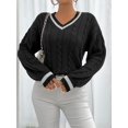 thumbnail image 4 of Luxurious Contrast Trim Cable Knit Sweater Flattering V-Neckline Dramatic Lantern, 4 of 7
