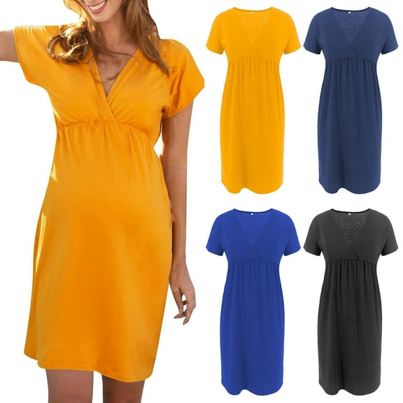 Jacenvly New Pregnant Clothes s Short Sleeve Solid Casual Dresses for Women Elastic Waistband Casual V-Neck Mid-Length Dresses for Women Yellow Xl