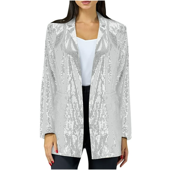 Qetyuw Womens Sequin Open Front Blazers Loose Fit Long Sleeve Cardigan Jackets Work Office Casual Coat with Pockets