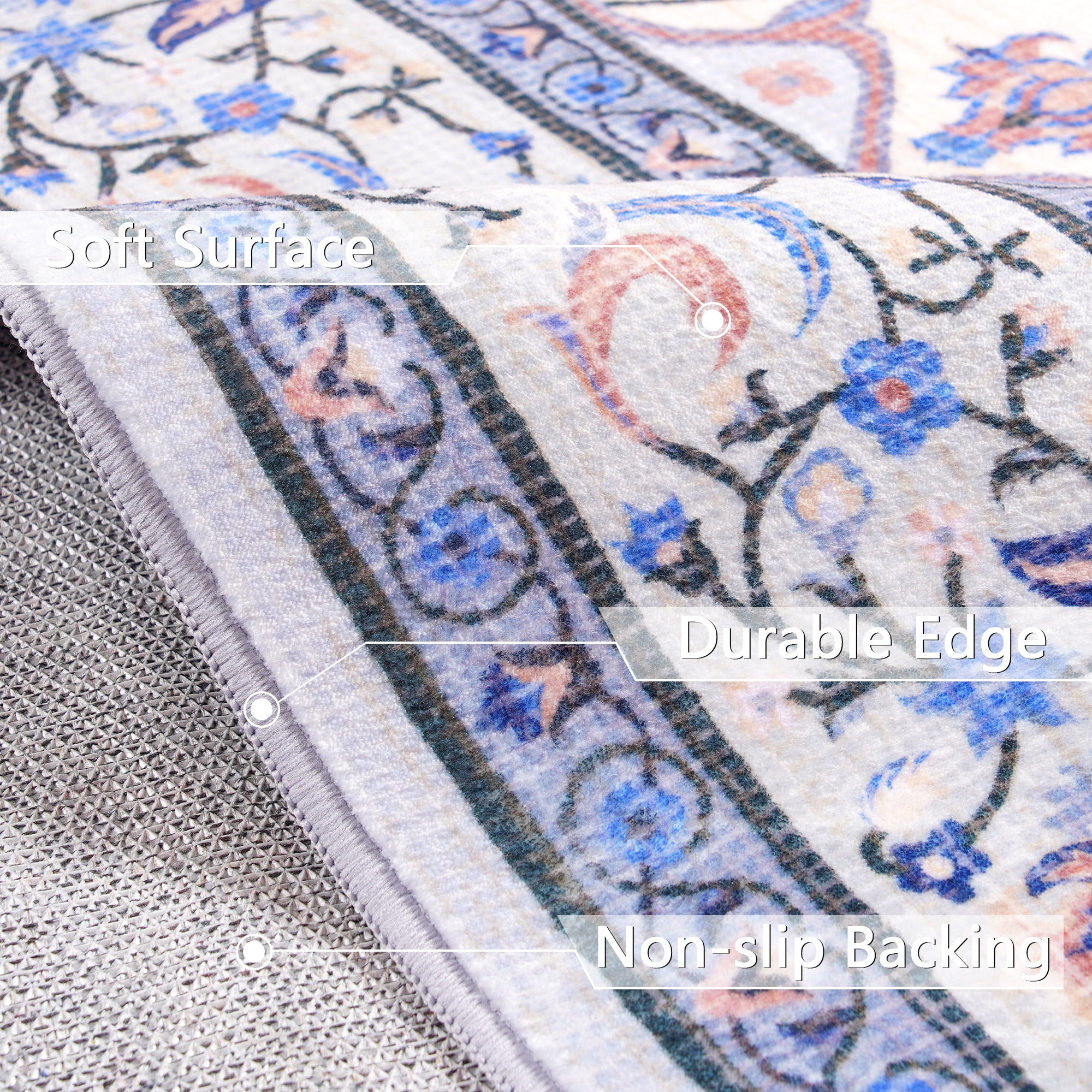Jamfeel Area Rugs Vintage Floral Printed Washable Non-slip Carpets Foldable Thin Low Pile Rug for Living Room Bedroom 8'x10' Blue