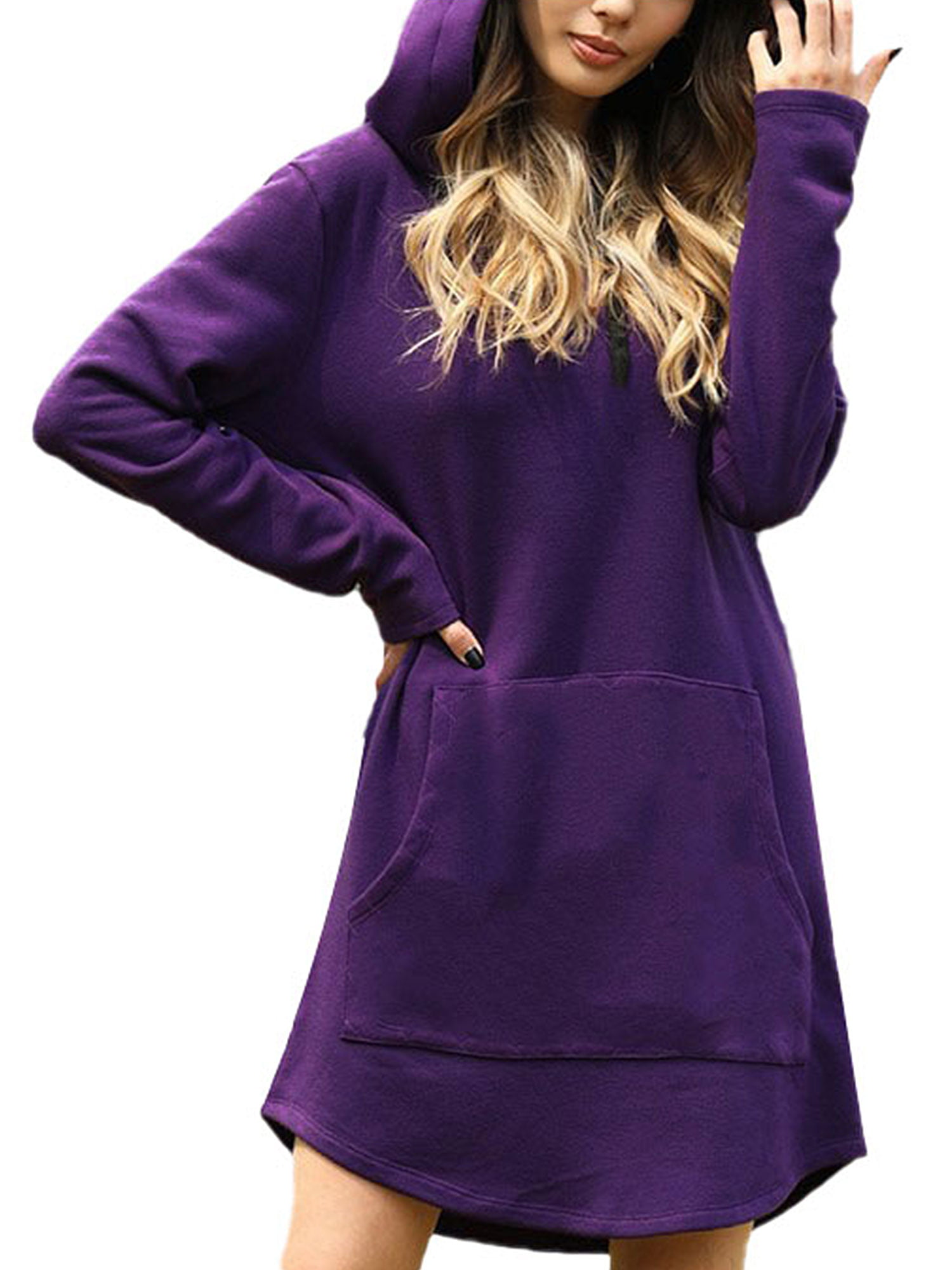 Womens Long Sleeve Hoodie Sweatshirt Pullover Hooded Sweater Jumper Mini Dress