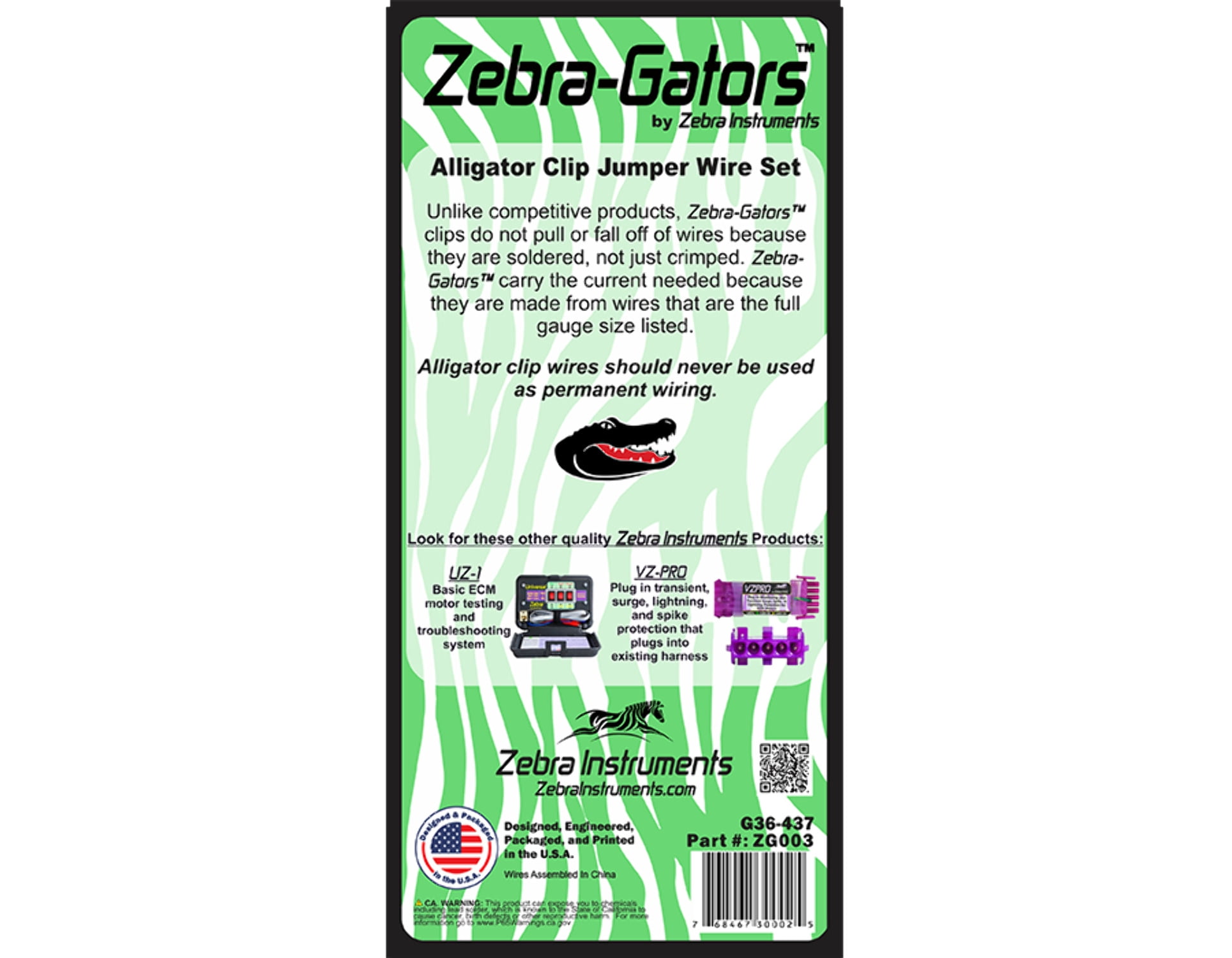 Zebra Instruments , #ZG003 / ZG-003 - Zebra Gators – 8 Piece Medium Size Alligator Lead Set (Heavy Resealable Bag w/Full Color Header Card)