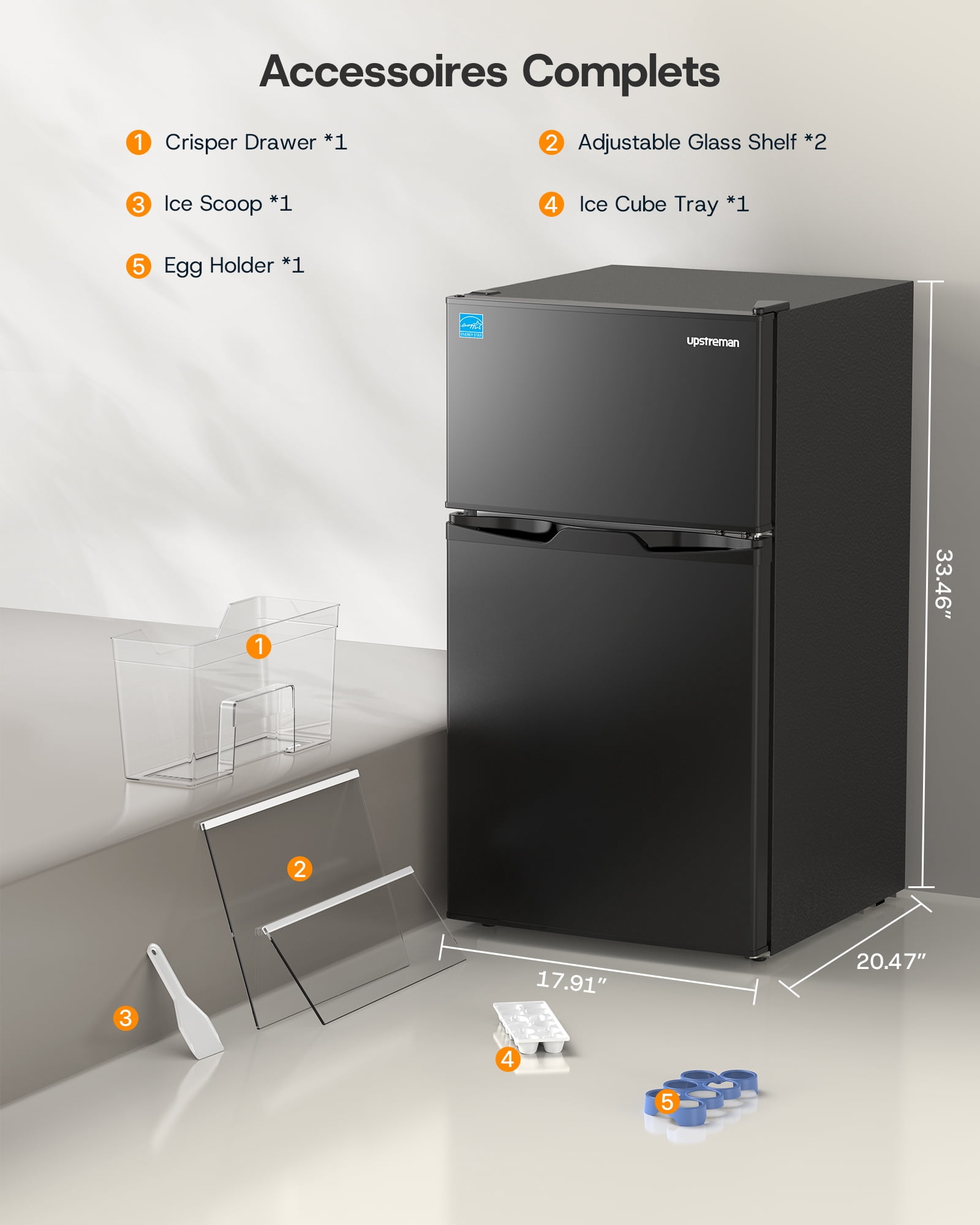 Upstreman 3.1 Cu. Ft Compact Refrigerator with Freezer, Double Door Mini Fridge Cooler Small Refrigerator, Adjustable Thermostat, Energy Star, Low Noise, Black TM31