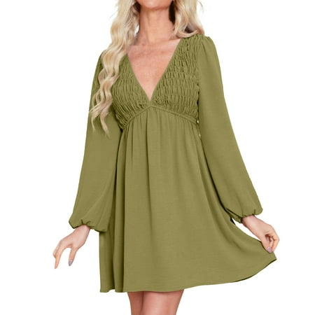 Off The Shoulder Prom Dress  Casual V Neck Pleated High Waisted Long Sleeved Mini Dress Formal Wedding Guest Women Low Heel Dress Shoes For Plus Size Dresses (M  Khaki) ZMTing