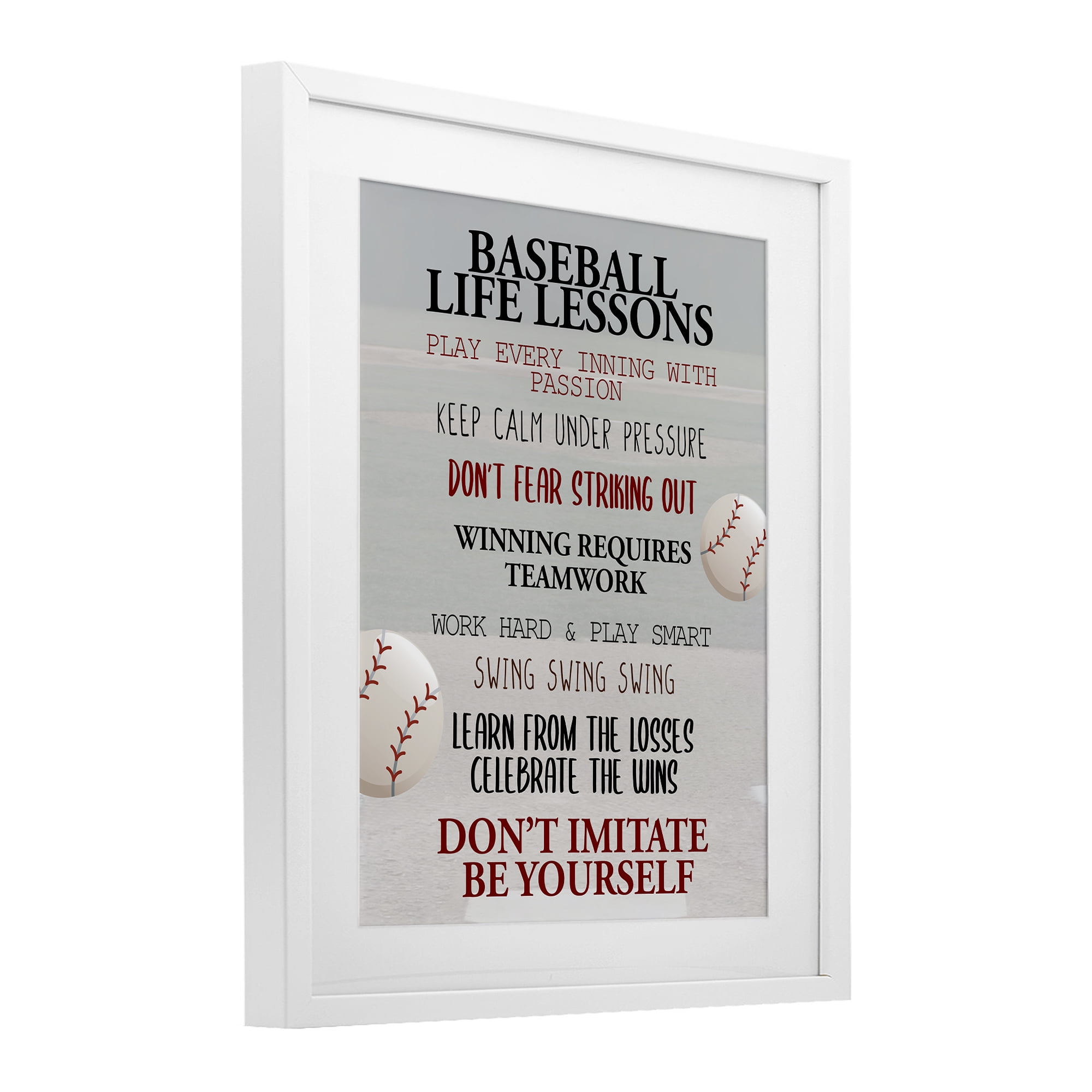 Baseball Life Lessons White Framed Print Under Glass, design by Kim Allen