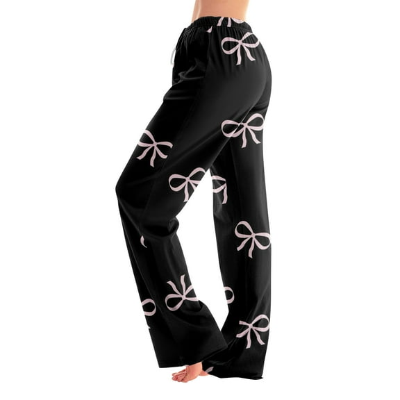 Women's Comfy Pajama Pants with Red Bow Print, Soft Lounge Sleepwear, Elastic Waist, Relaxed Fit, White, Size Options