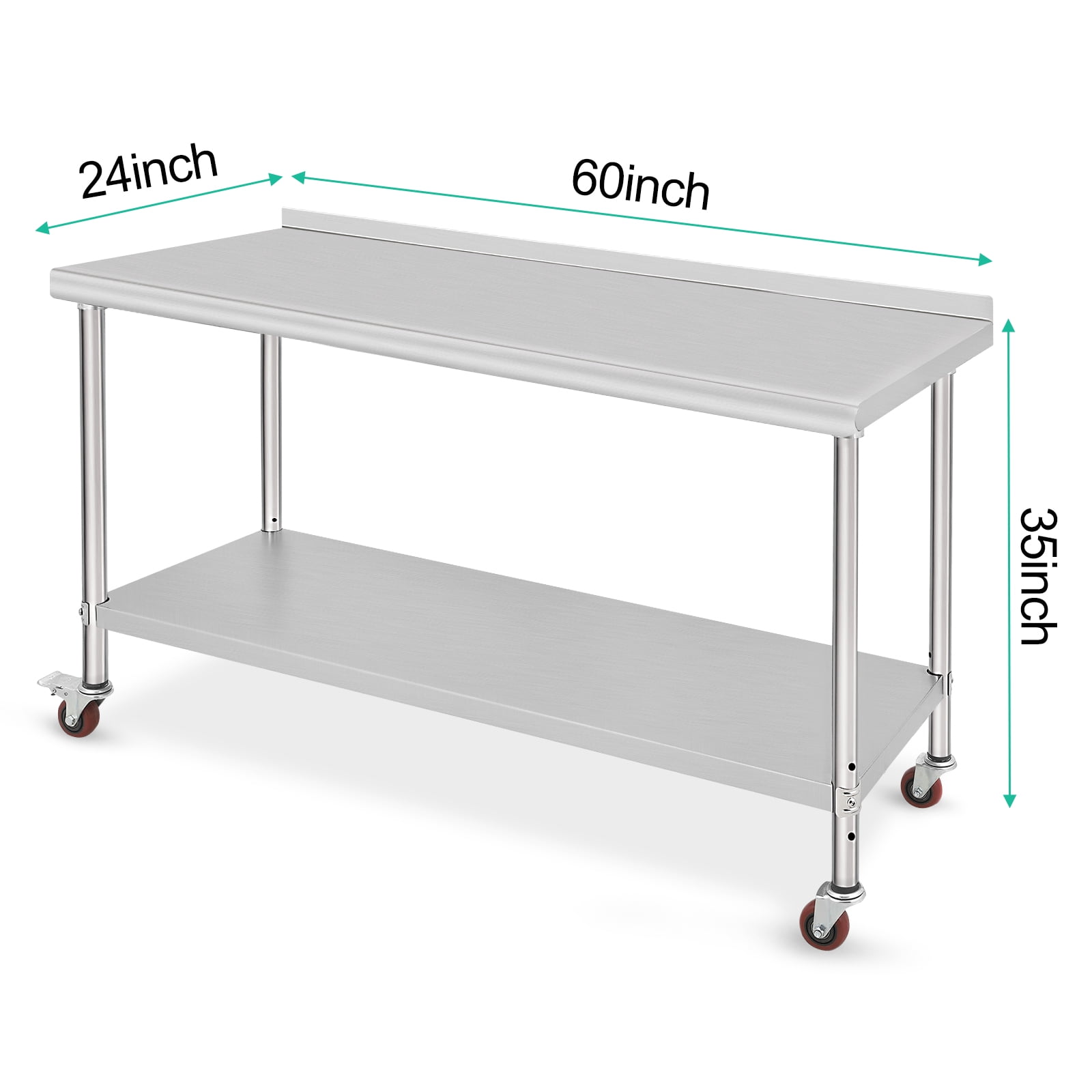 60"L Heavy Duty Stainless Steel Work Table – Double Layer Prep Table with Adjustable Under Shelf, Backsplash, Casters – Commercial Kitchen, Restaurant, Home, Hotel Station – With Tailgate, Silver