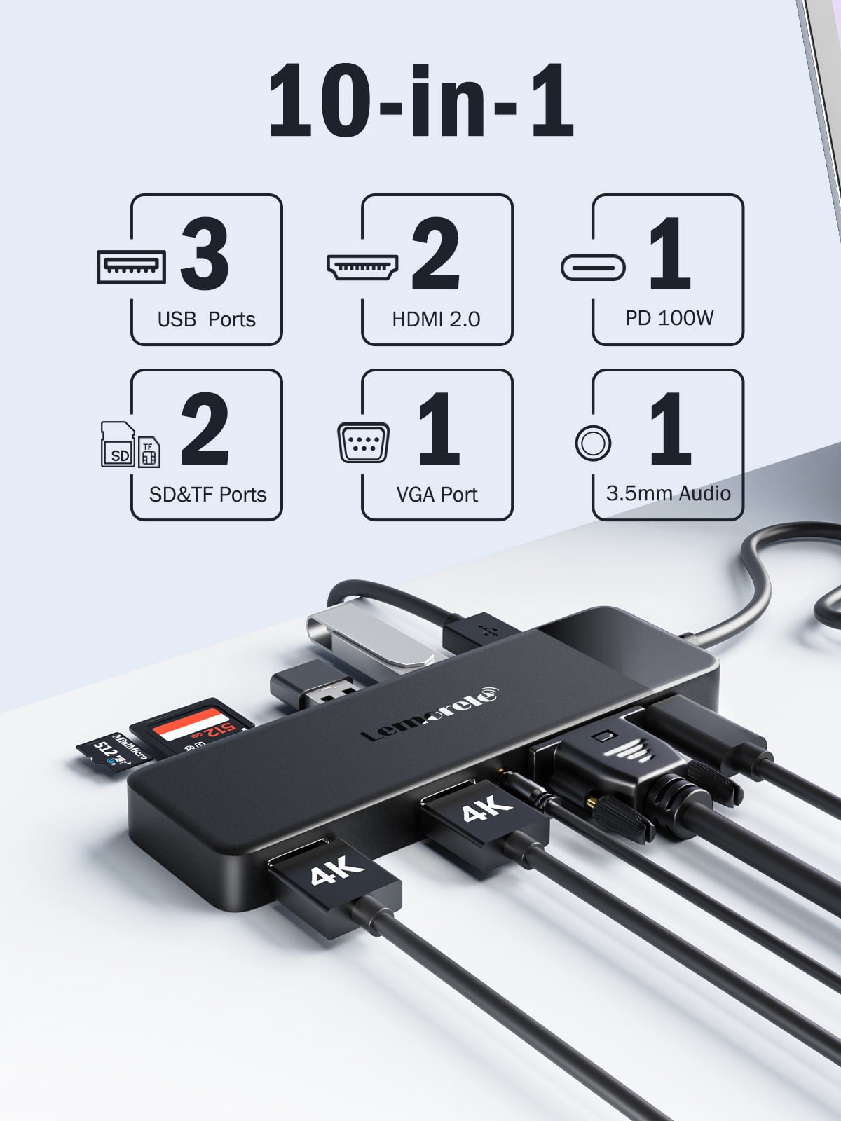 Lemorele 10 in 1 USB C Hub, Laptop Docking Station,2 4K HDMI+VGA Triple Display USB C Adapter with 3 USB A,TF/SD Card Reader,100W PD Charging for MacBook, HP, Dell