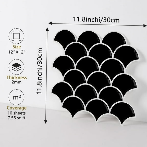 sector Peel and Stick Tiles Backsplash,10 Sheets 3D Self Adhesive Wall Tile Back Splash 12 x 12 Inch for Kitchen,Bathroom(Pure Black)