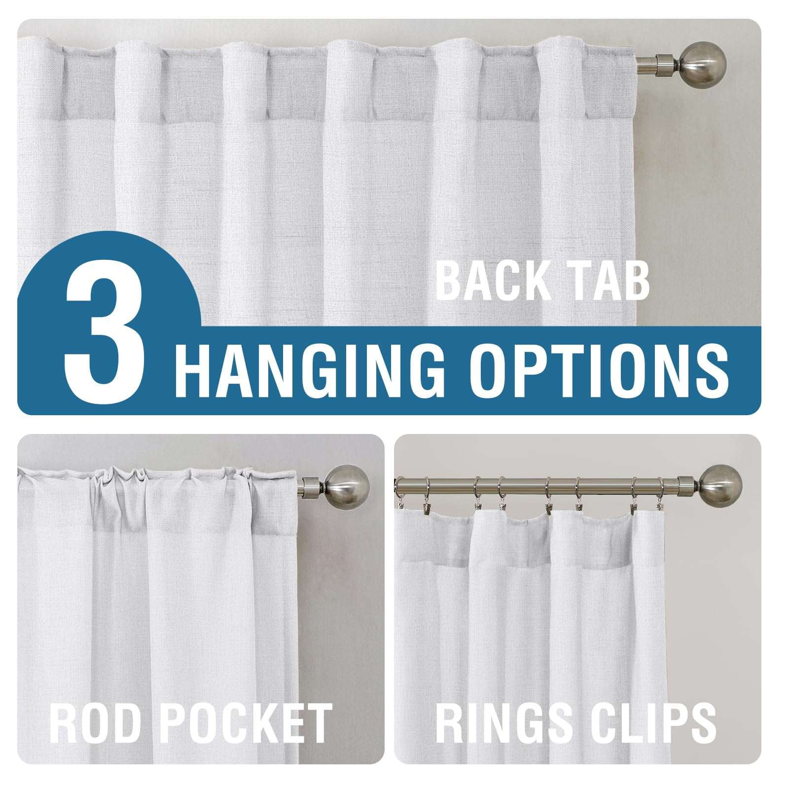Turquoize Classic Natural Linen Light Filtering Semi Sheer Curtains Back Tab 2 Panels for Bedroom，52" x 72"，White