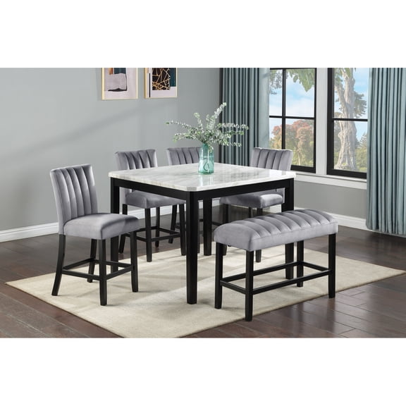 6-Piece Contemporary Counter Height Dining Set Square Faux Marble Table Tope Black Finish Upholstered Chairs Bench Channel Tufting Wooden Solid Wood Dining Room Kitchen Furniture 12552