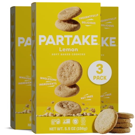 Gluten Free Partake Soft Baked Lemon - Vegan - Free From the Top 9 Allergens Including Dairy, Wheat, Soy, Eggs, & Peanuts - Non GMO - Safe School & Office Snack (3 Pack, 5.5 oz Boxes)