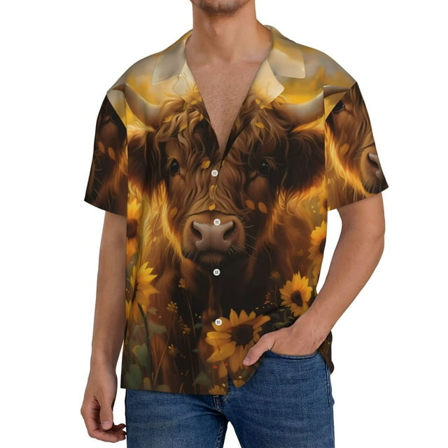 Balery Cute Cow Sunflower Field Camisa Casual de Manga Corta con Botones para Hombre, Texturizada, Estilo Cubano, para Playa, Verano-X-Large