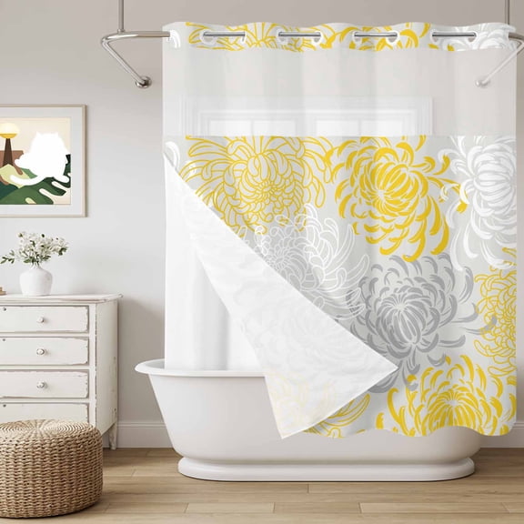 No Hook Shower Curtain with Snap in Liner, Yellow Grey Chrysanthemum on Vintage Curtain Set See-Through Top Double Layers Summer Flower Shower Curtains for Bathroom Decor, 72x72in