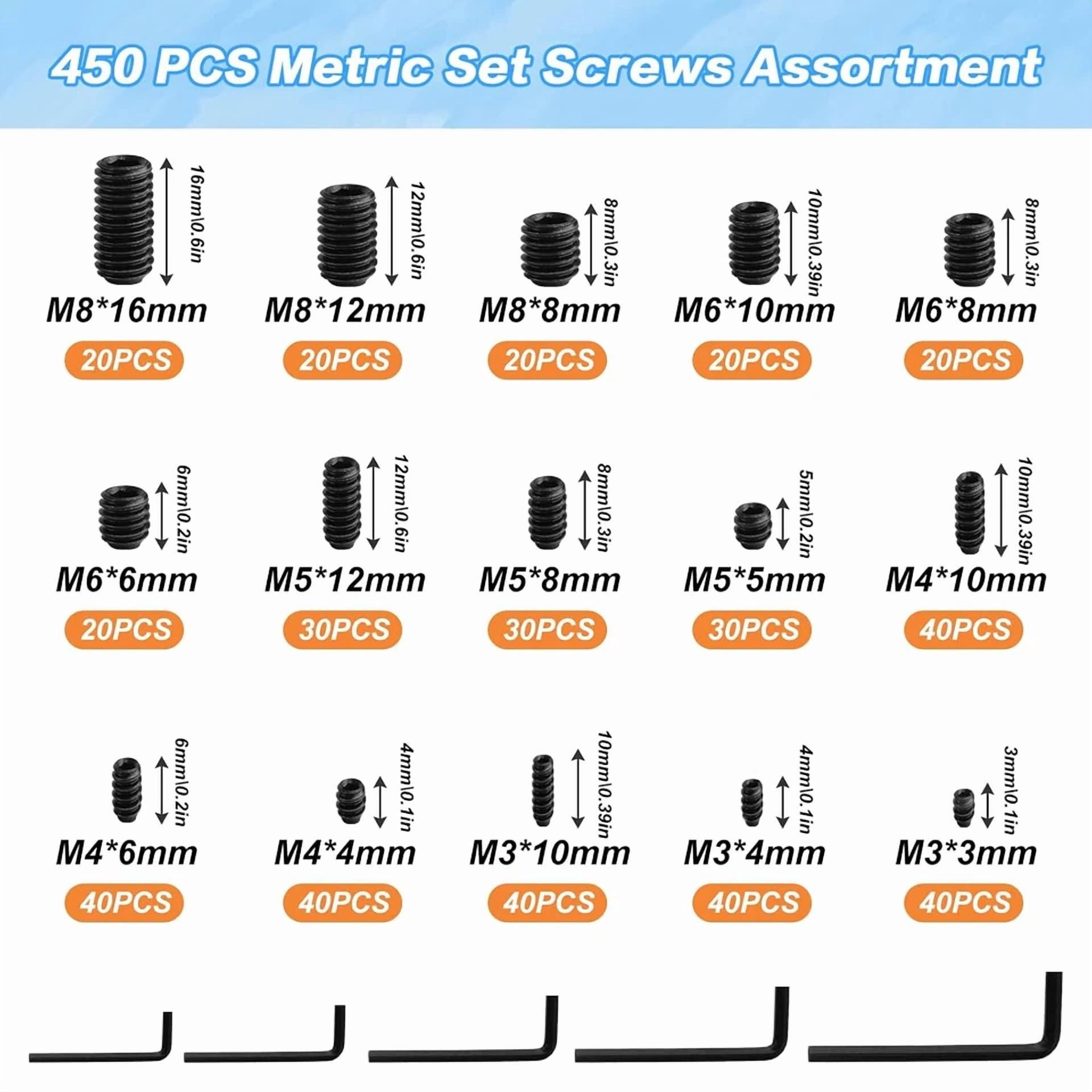 CIRCLE- 450Pcs Set Screws, Set Screws Assortment Kit, Grub Screws M3 M4 M5 M6 M8 For Hom