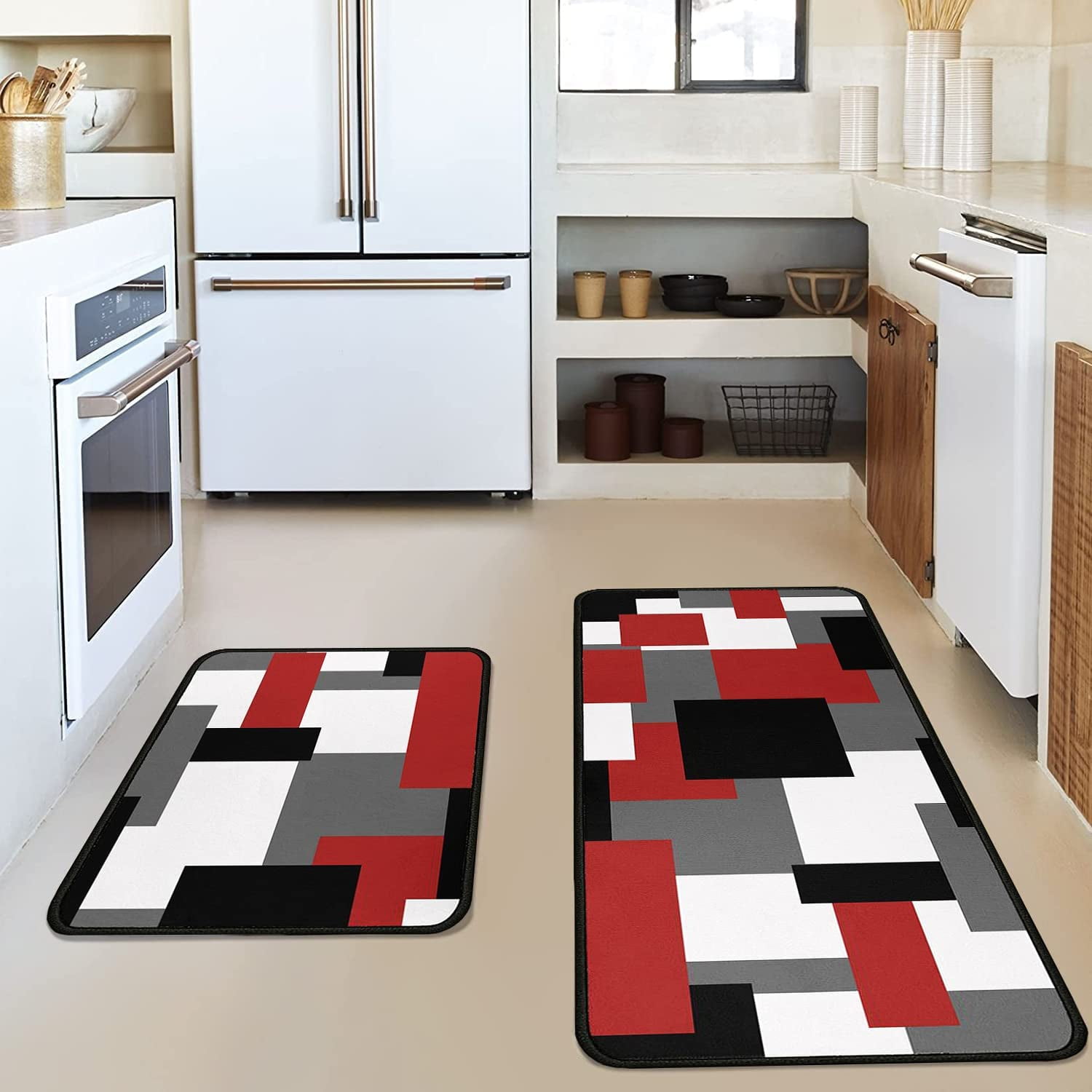 Logieut Red Black Grey White Kitchen Rug Set of 2, Modern Abstract Kitchen Floor Mat Rugs Carpet- Geometric Black White Red Kitchen Decor and Accessories