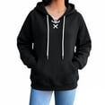 thumbnail image 2 of Qgtaibl Women's Lace Up Hoodie Criss Cross V Neck Drawstring Pullover Sweatshirt Thin Fleece Long Sleeve Fall Hooded Top with Kangaroo Pocket Black XXXL, 2 of 6