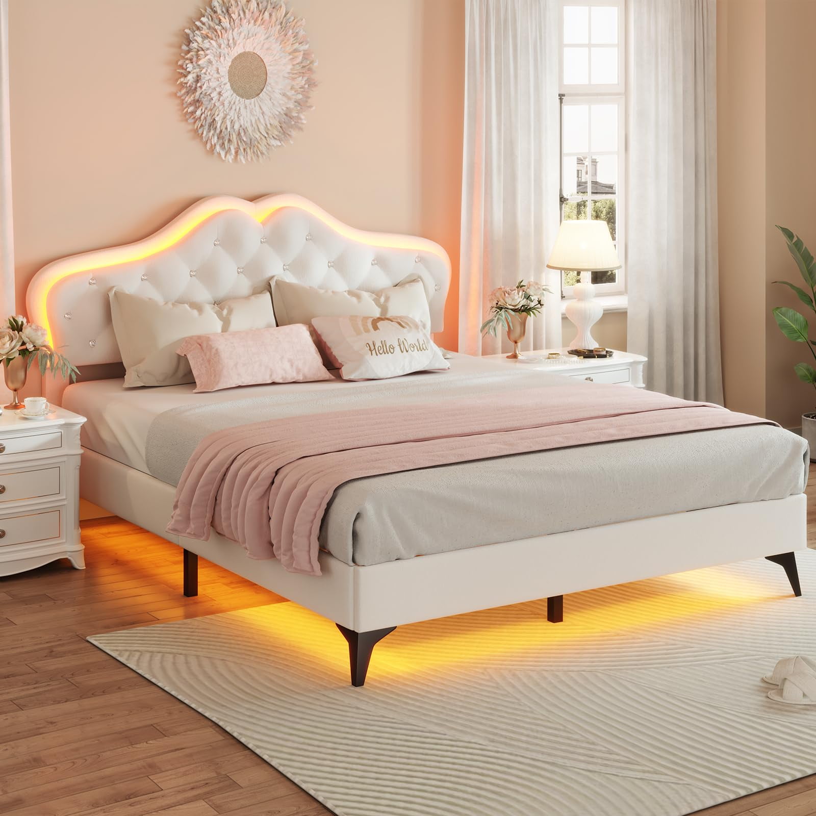 Afuhokles Full Size Bed Frame with LED Lights, Upholstered Platform Bed, White
