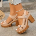 thumbnail image 3 of Women's Heeled Sandals Peep Toe Hook and Loop Summer Slingback Heels Platform Lug Sole Comfy Arch Support Casual Beach Shoes Khaki Size 9.5, 3 of 6