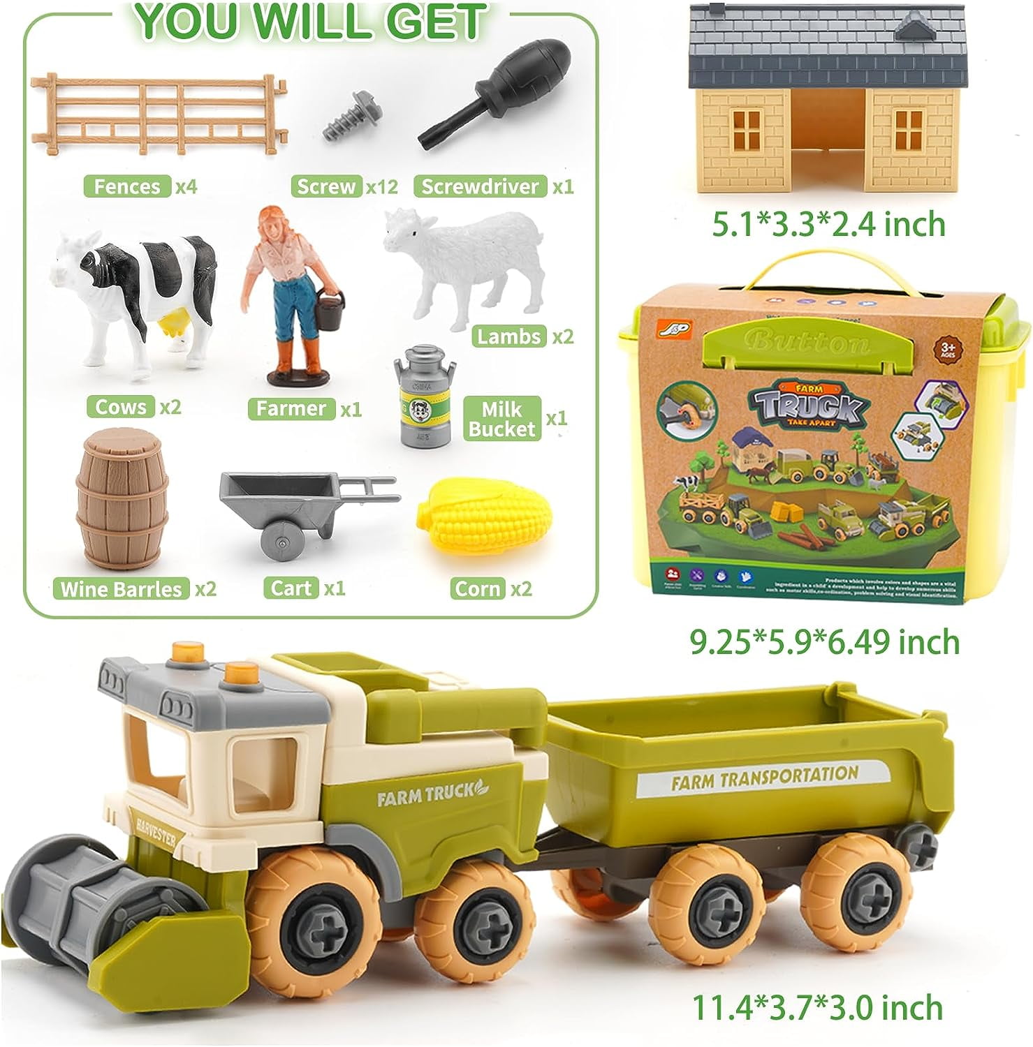 Toddler Toys Farm Animal Toys for 3 4 5 Year Old Boys Girls - Take Apart Vehicle Combine Harvester with Trailer for Kids Age 1-3 3-5, Educational Pretend Toys Playsets Christmas Birthday Gifts