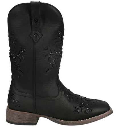 

Roper Womens Kennedy Glitter Tooled Inlay Square Toe Casual Boots Mid Calf Low Heel 1-2