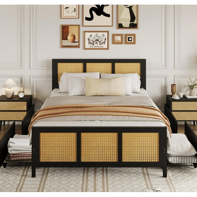 Yiwa Rattan Platform Bed Frame, Full/Queen Size Bohemian Cane Bed with Headboard, 4 Drawers, Strong Metal Support, No Box Spring Required