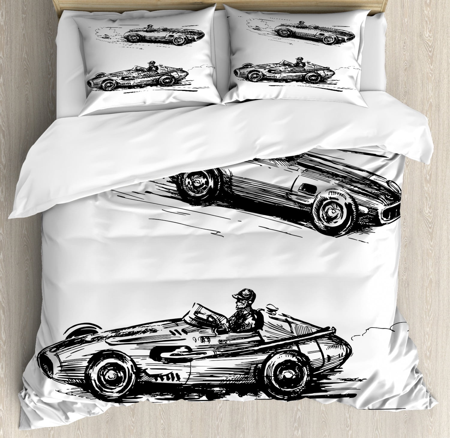 Cars Duvet Cover Set King Size, Vintage Racing Cars Hand Drawn Style