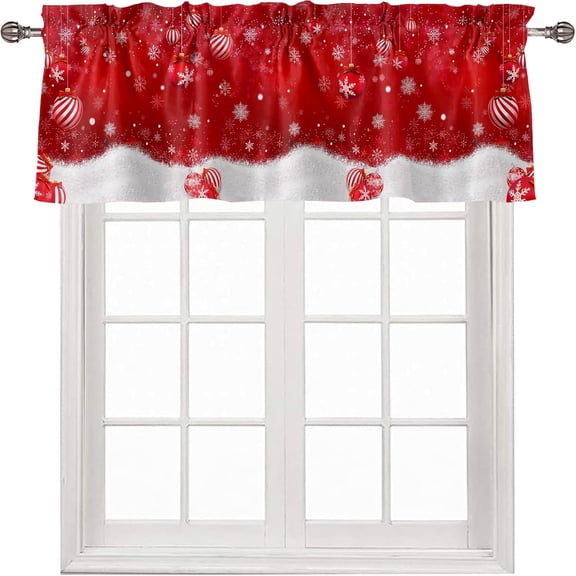 Christmas Ball Valances for Windows Red Hanging Xmas Ornaments Curtains Winter Snowflake Rod Pocket Window Treatments for Kitchen Small Windows Bathroom Bedroom 54" x 18"