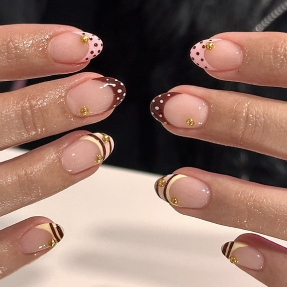 Tarmeek Polka Dot French Press on Nails Full Cover Reusable Acrylic Fake Nails with Adhesive Included | Artificial False Nails Coffin Almond Stiletto Tips for Women Manicure Set