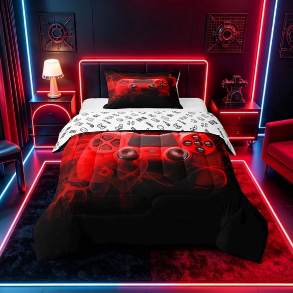 meiyoeat Neon Green Smoke Gaming Twin Comforter Sets for Boys Teens, Video Game Gamer Bedding Set, Black Red, Gamepad Reversible 2-Piece, 1 Comforter and 1 Pillowcase