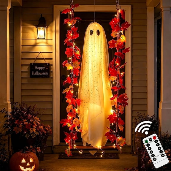 Halloween Decorations Outdoor,4FT Hanging Swing Ghost with Remote Control String Lights,Spooky Cute Outdoor Early Halloween Decorations for Front Porch Yard Tree Garden,Light-Up Flying Ghost