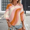 thumbnail image 3 of Abstract Wavy Pastel Orange Pink Women's V-Neck Blouse With 3/4 Ruffled Bell Sleeves Casual Top Ladies Blouses, 3 of 7